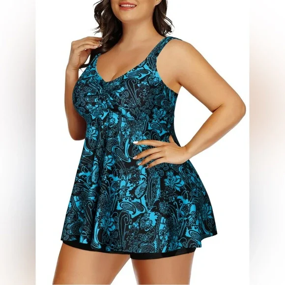 Rivelino Fashion Women Tankini Swimsuit, 2 Piece Set, Blue (Plus Size) - Picture 3 of 9